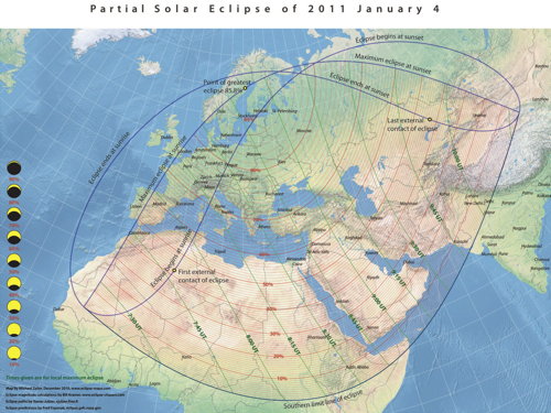 Eclipse map: Partial eclipse for Jan. 4, 2011