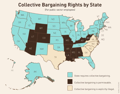 TPM map: Collective Bargaining Rights by State (for public-sector workers)