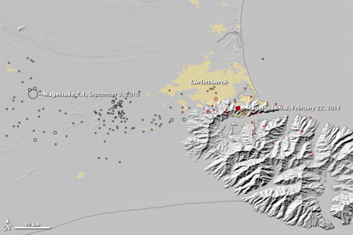 Magnitude 6.3 Earthquake near Christchurch, NZ (Earth Observatory)