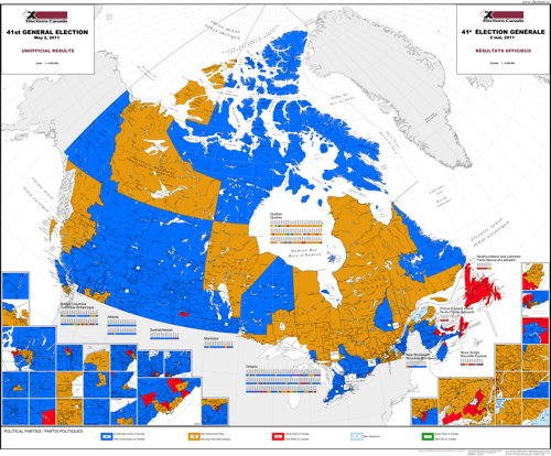 A small version of Elections Canada's map of the 2011 preliminary results
